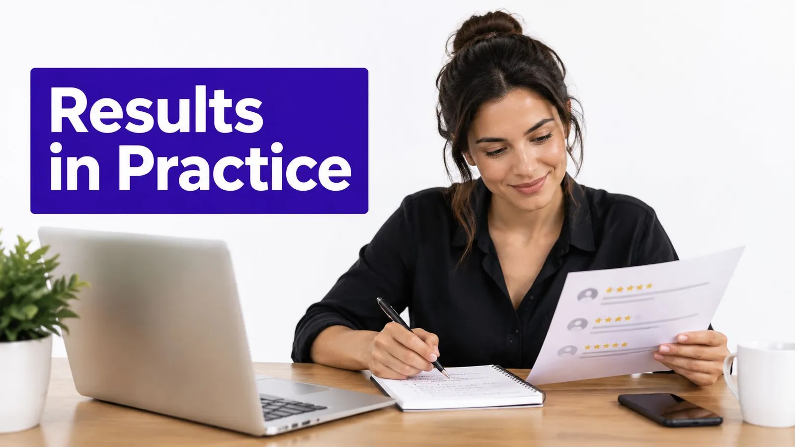 A professional woman in a black shirt reviewing performance feedback documents with a laptop and notebook.