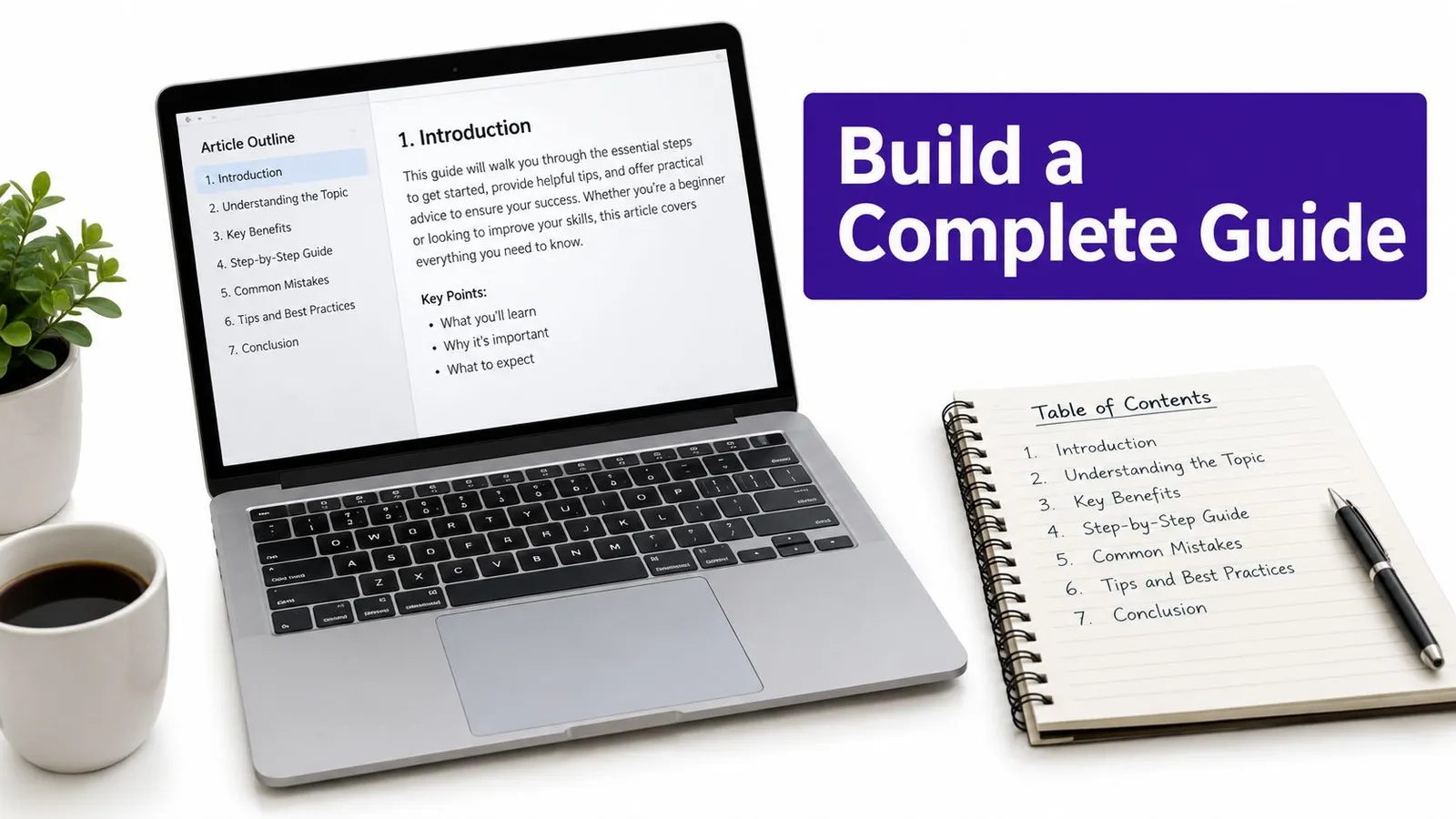 A laptop screen displaying an article outline next to a notebook with a written table of contents.