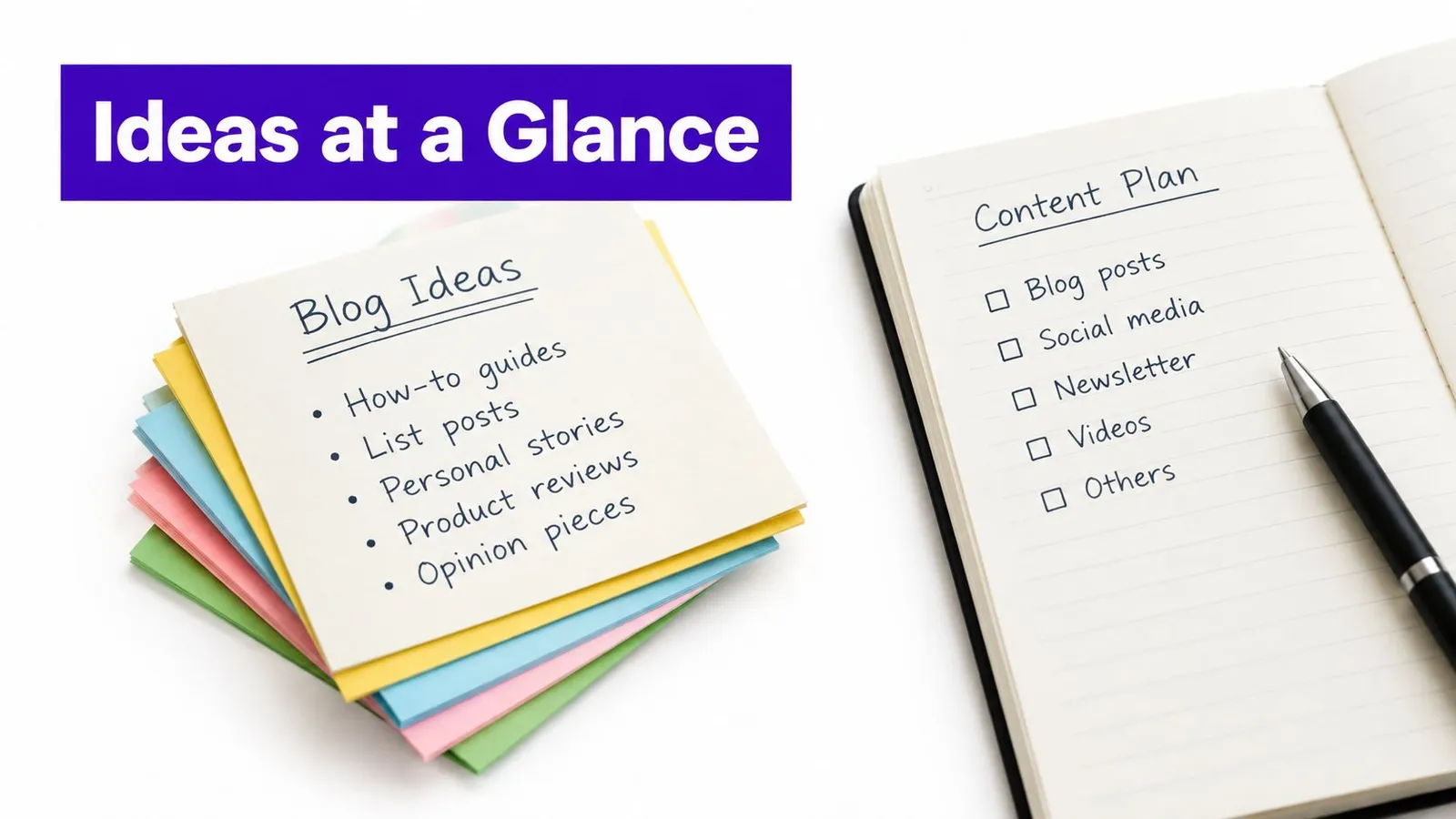 A stack of sticky notes with blog ideas next to an open notebook for content planning.