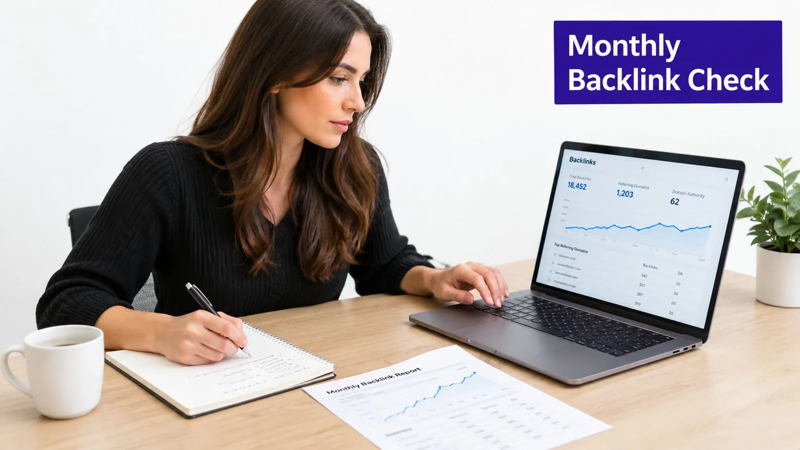 A professional woman at a wooden desk analyzing website backlink statistics on her laptop and notebook.