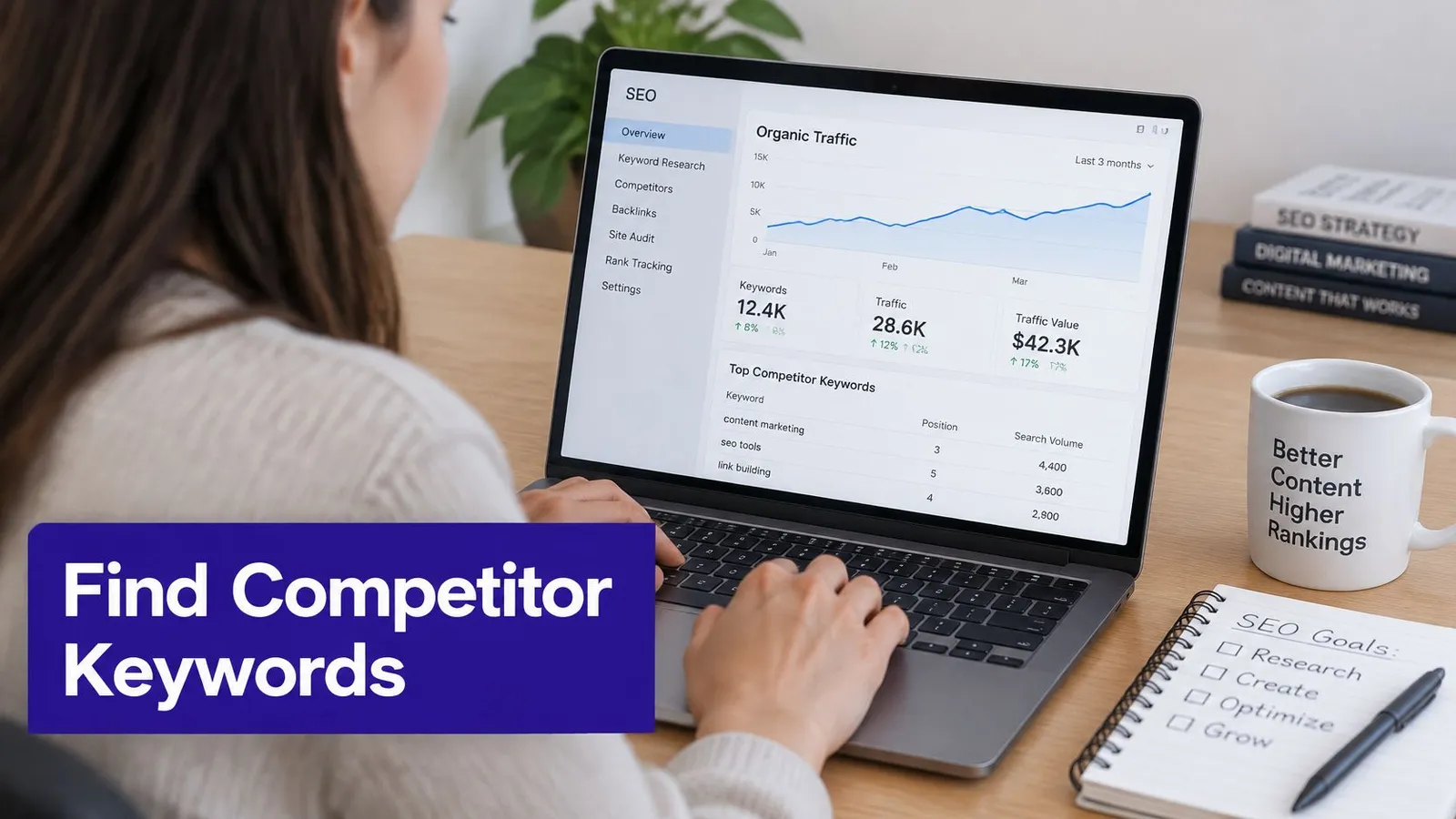 A woman analyzing competitor SEO data on a laptop screen while taking notes in a notebook.