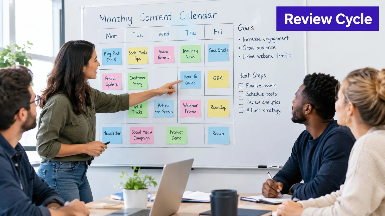 A woman explains a content calendar on a whiteboard to a team in a professional meeting.