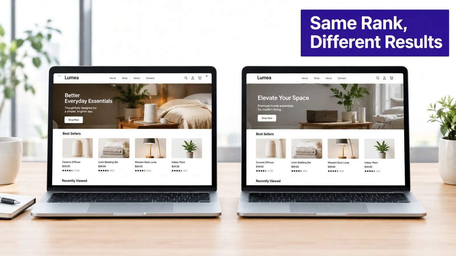 Two laptops displaying the same Lumea website homepage side-by-side to illustrate different search engine rank outcomes.