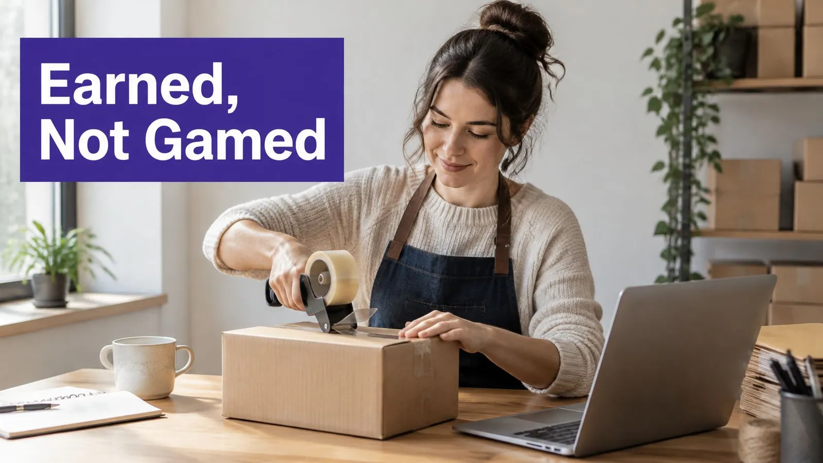 A woman working from home, packing a cardboard box with a tape dispenser at her desk.