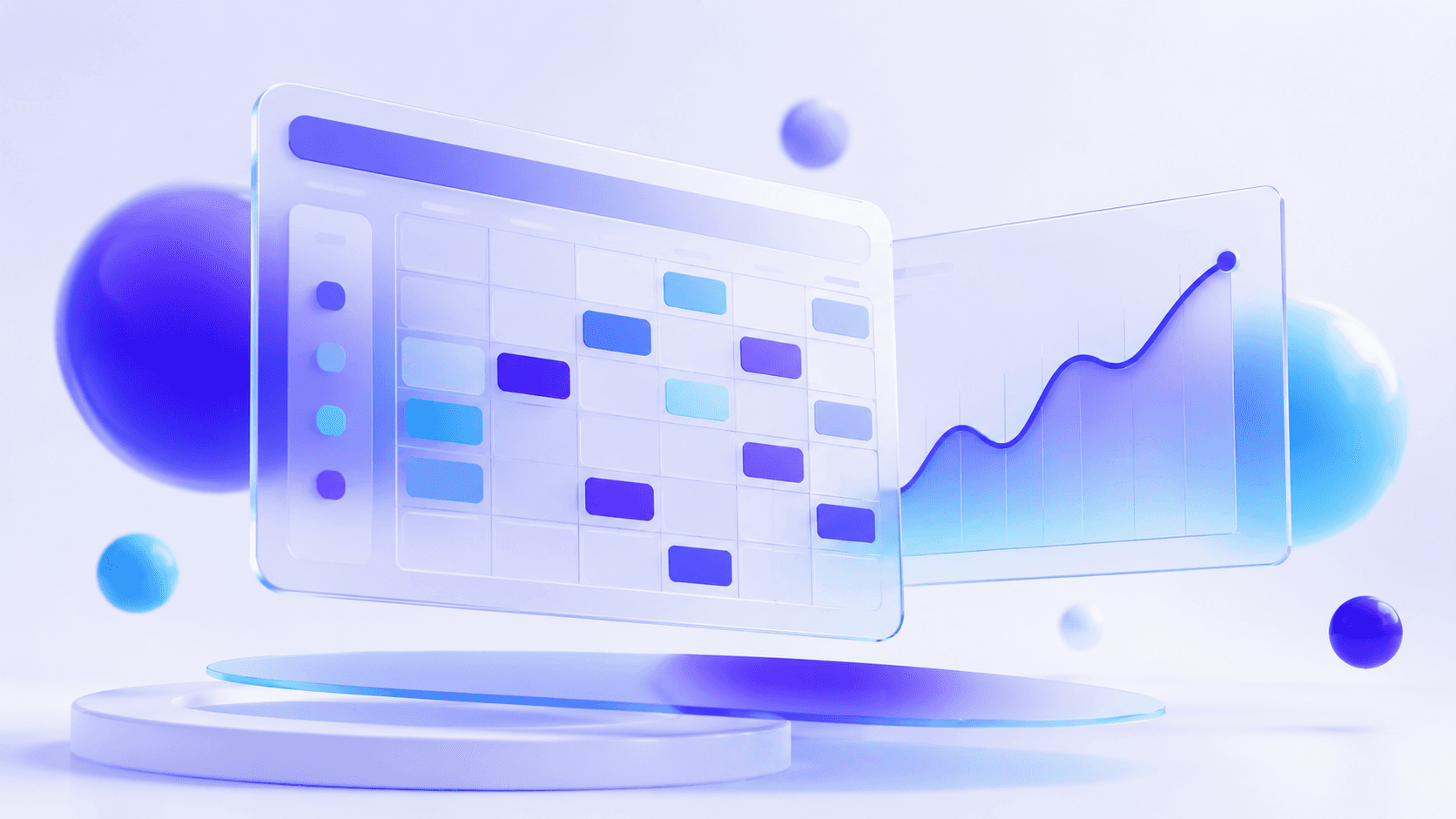 Abstract visualization of the Rankira dashboard: floating glass panels with a content calendar and rising analytics chart