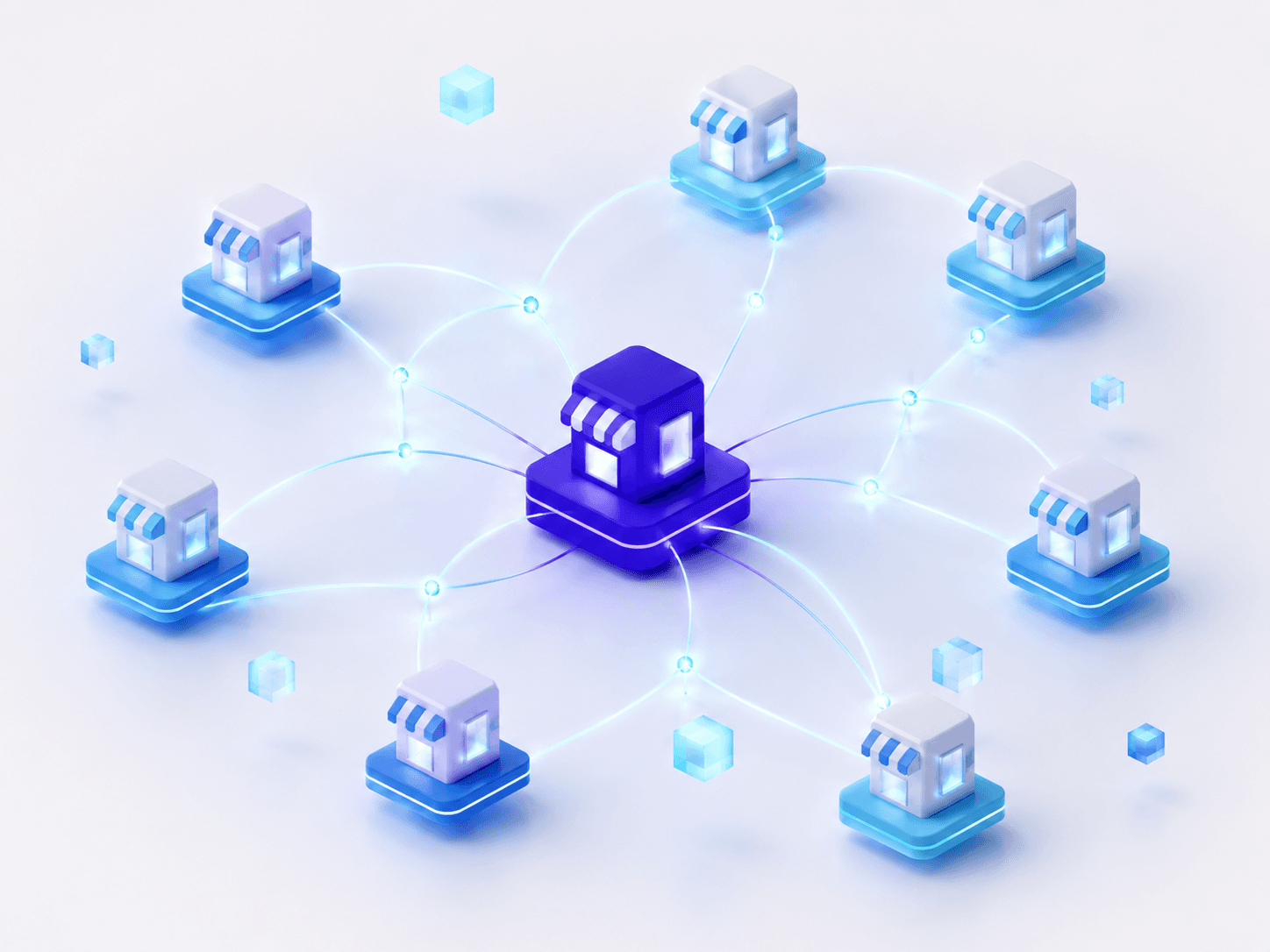 Illustration of storefront cubes connected by glowing threads in a network