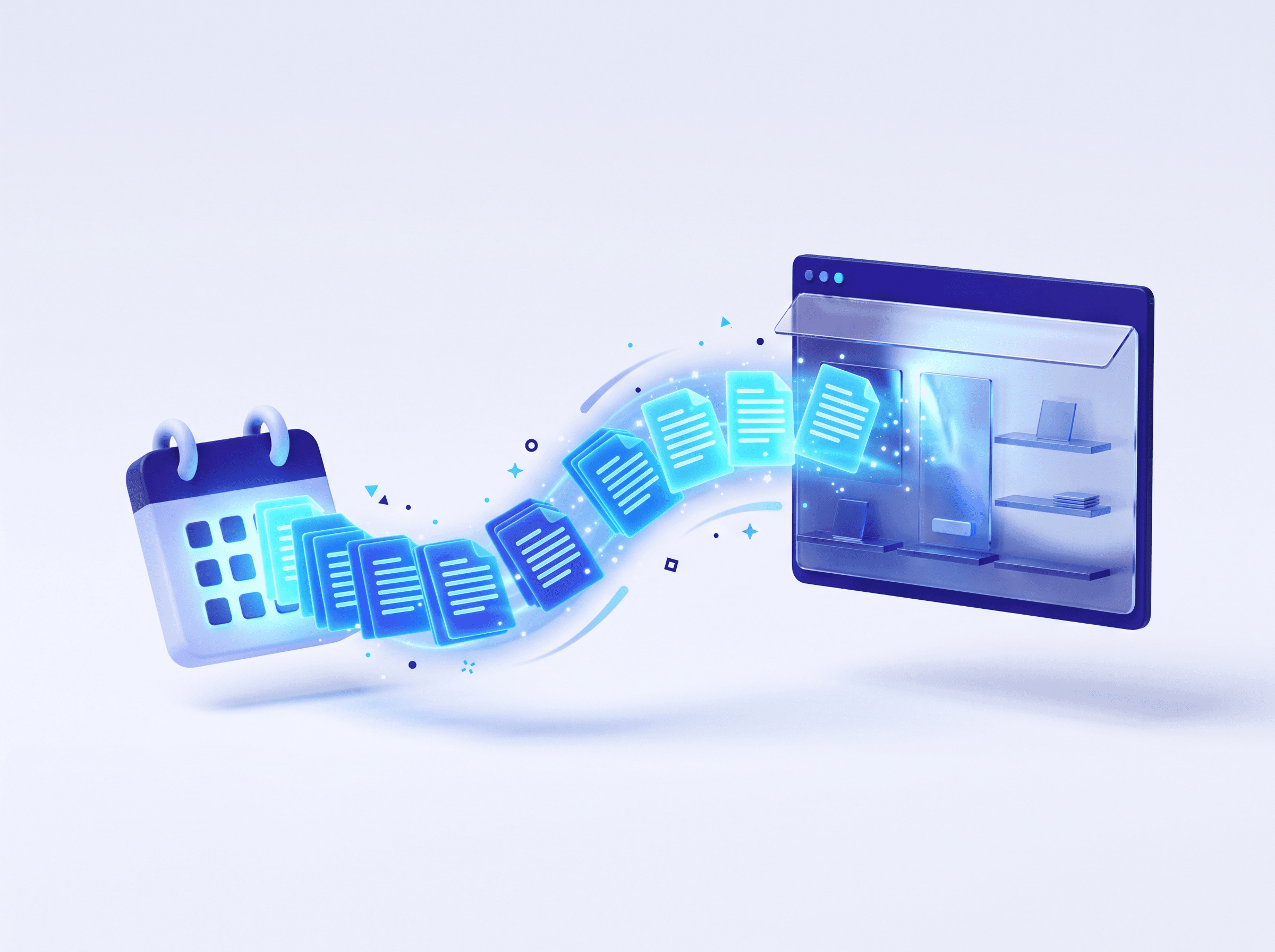 Illustration of documents flowing from a calendar into an online storefront