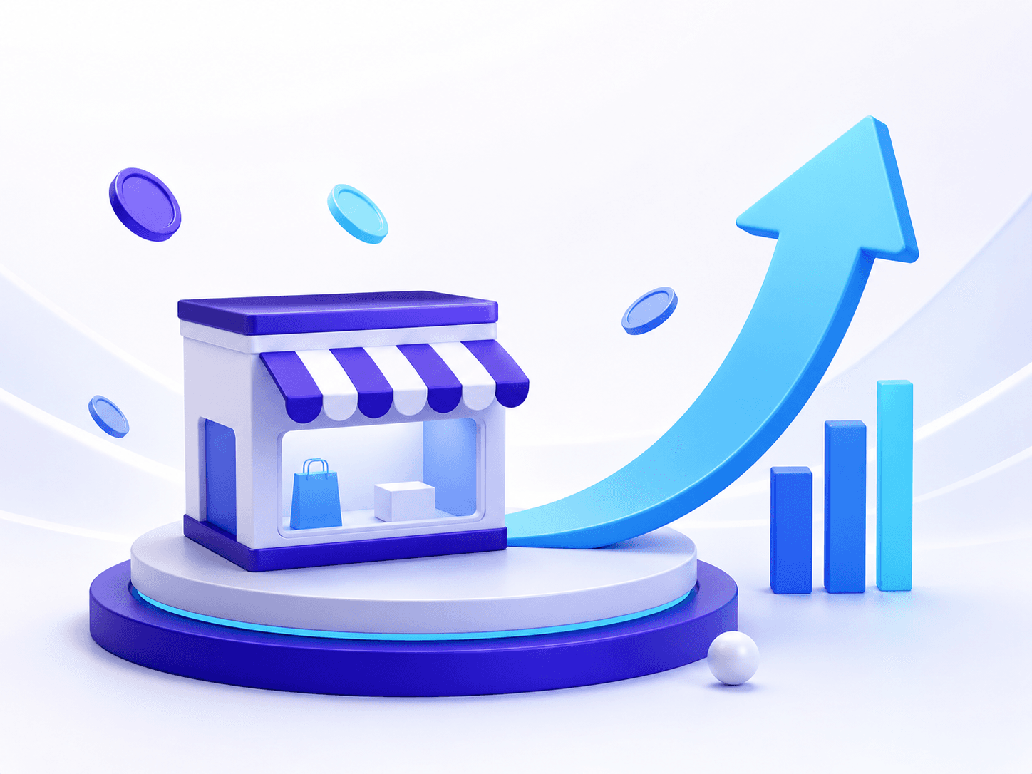 Illustration of a rising arrow next to a miniature online shop