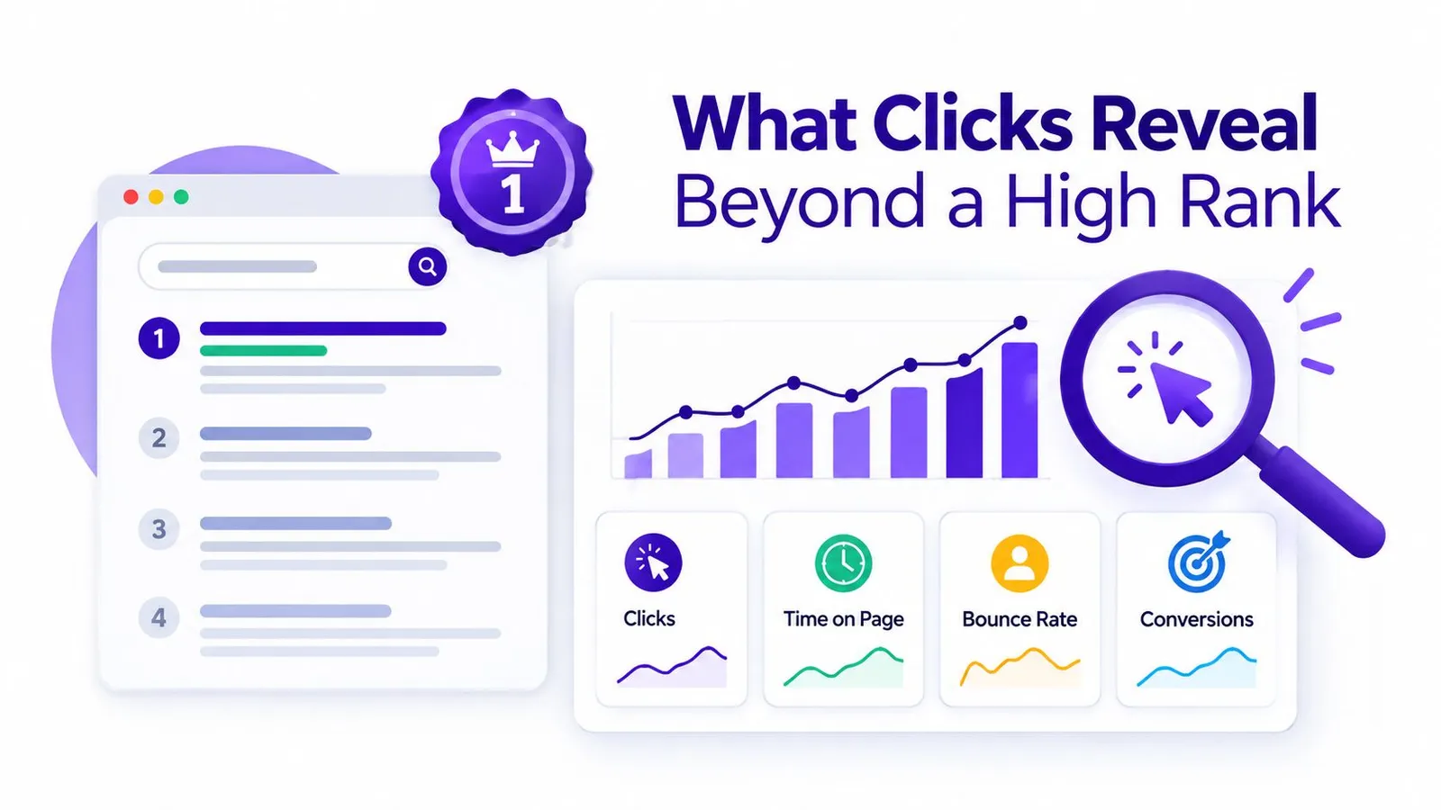 An infographic showing a search results page and metrics like clicks, time on page, and conversions.
