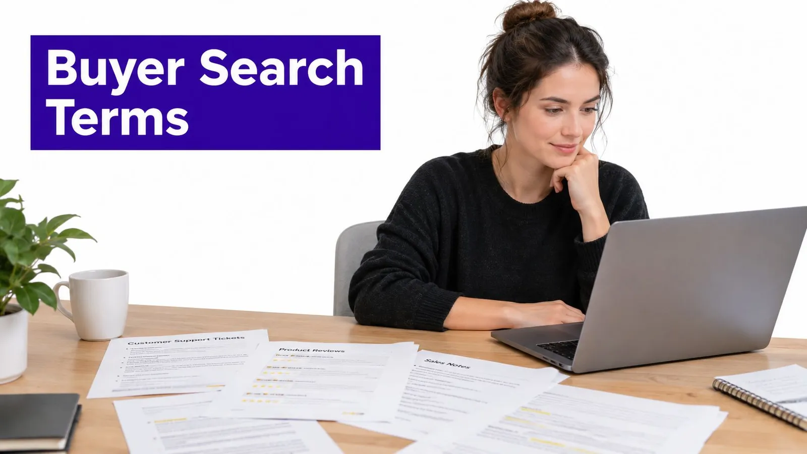 A young woman working on her laptop with documents related to buyer search terms at her desk.