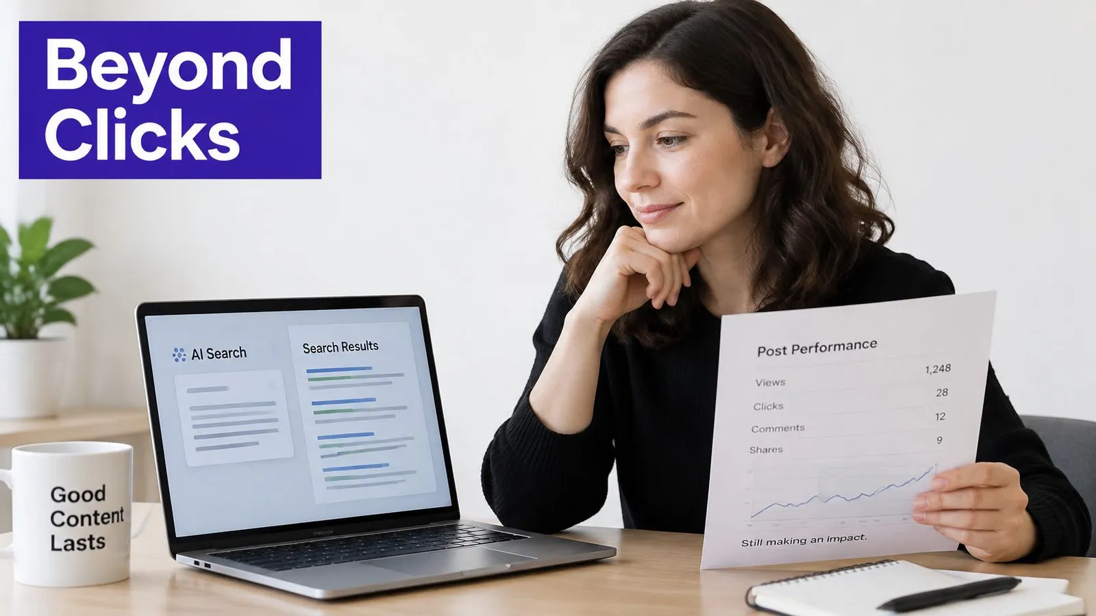 A professional woman reviewing marketing metrics on paper while working on a laptop in a modern office.
