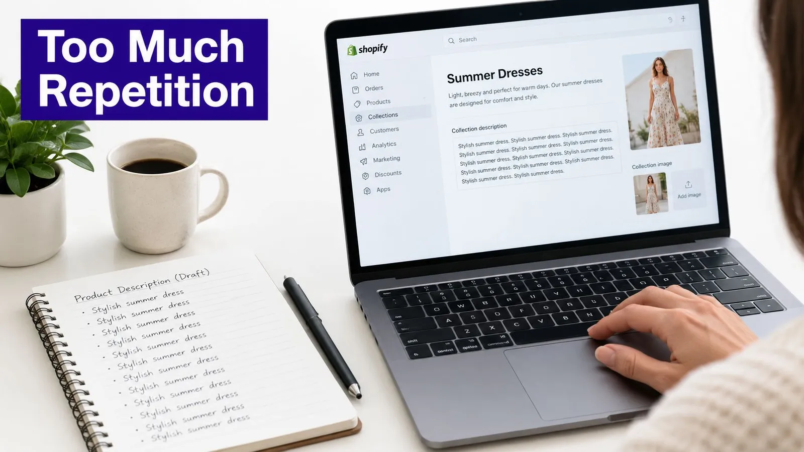 A person using a laptop to edit a Shopify website with excessive keyword repetition in the text.