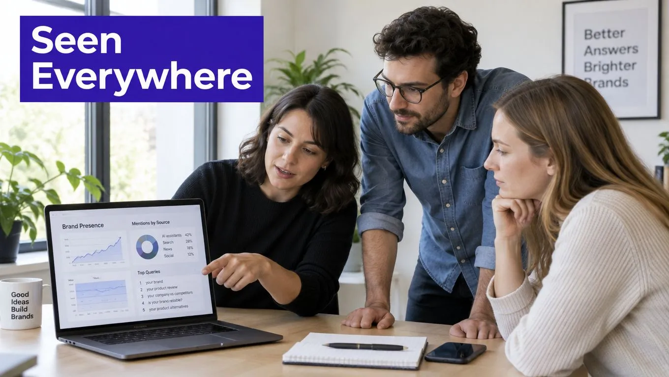 A professional team collaborating around a laptop to analyze digital brand presence and market research data.