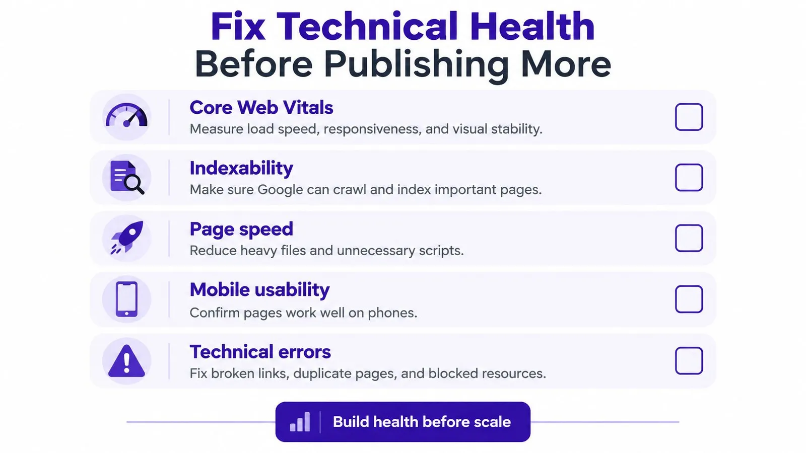A checklist infographic illustrating five key technical SEO factors to improve website performance before scaling content.