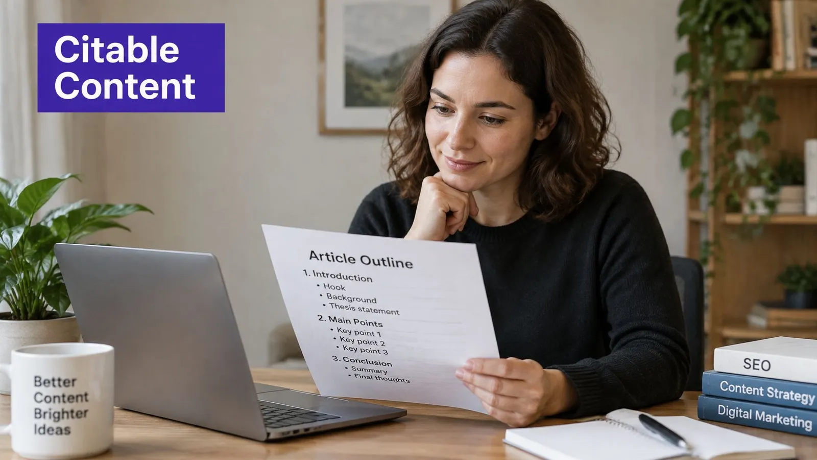 A professional woman reviewing an article outline at her desk to improve content quality and SEO rankings.