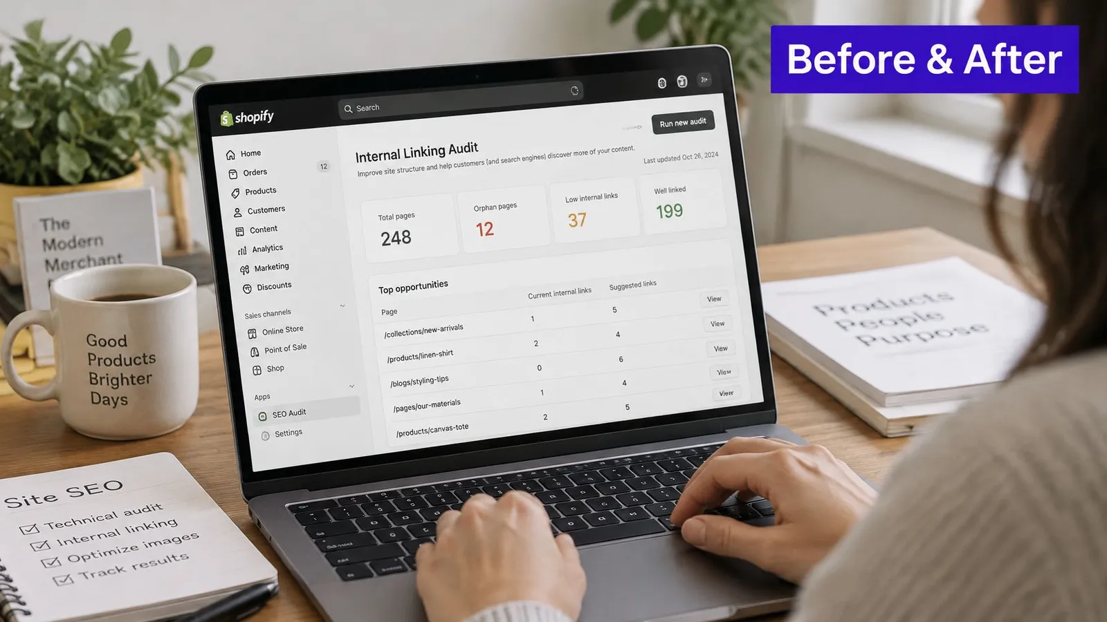 A person using a laptop to view an internal linking audit dashboard on a Shopify interface.