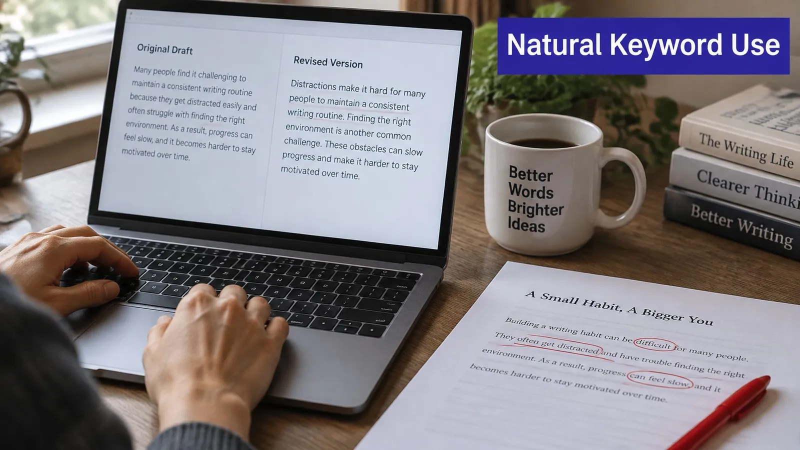 A person editing writing on a laptop with a mug and printed paper on a wooden desk.