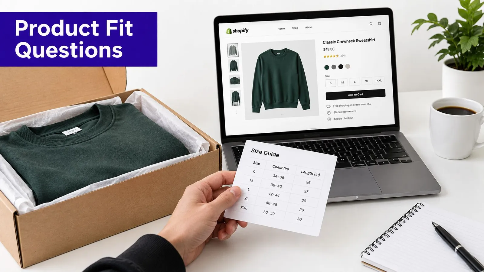 A person holds a size guide card next to a laptop displaying an online clothing store checkout page.