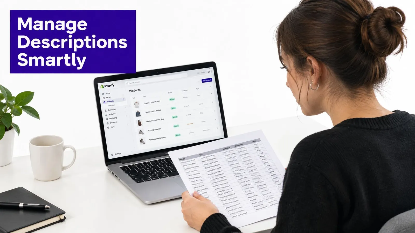 A woman working on Shopify store product descriptions at a desk with a laptop and paper document.