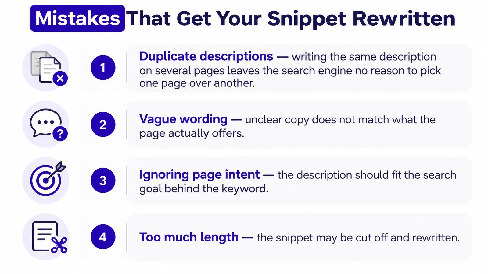 A graphic listing four common reasons why search engines rewrite meta descriptions for web pages.