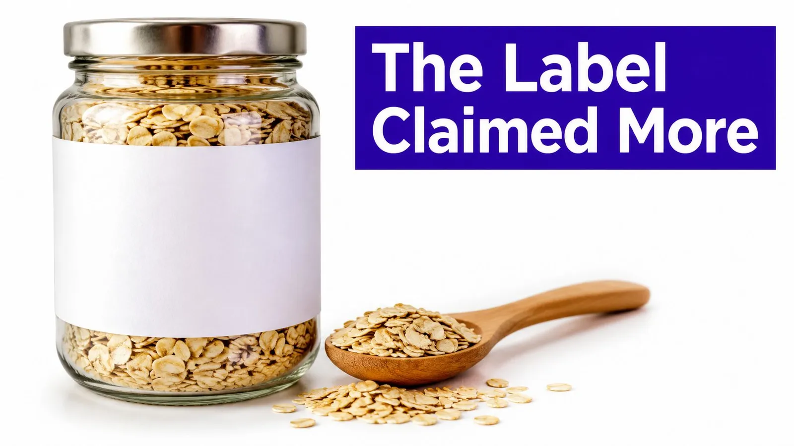 A glass jar filled with rolled oats next to a wooden spoon containing raw oat flakes.
