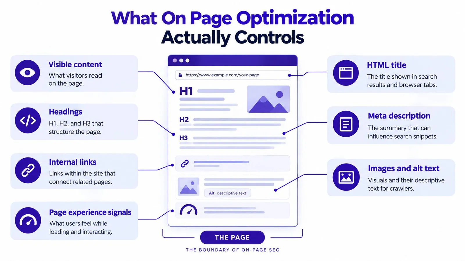 An infographic showing the core elements of on-page optimization including content, headings, links, and search metadata.