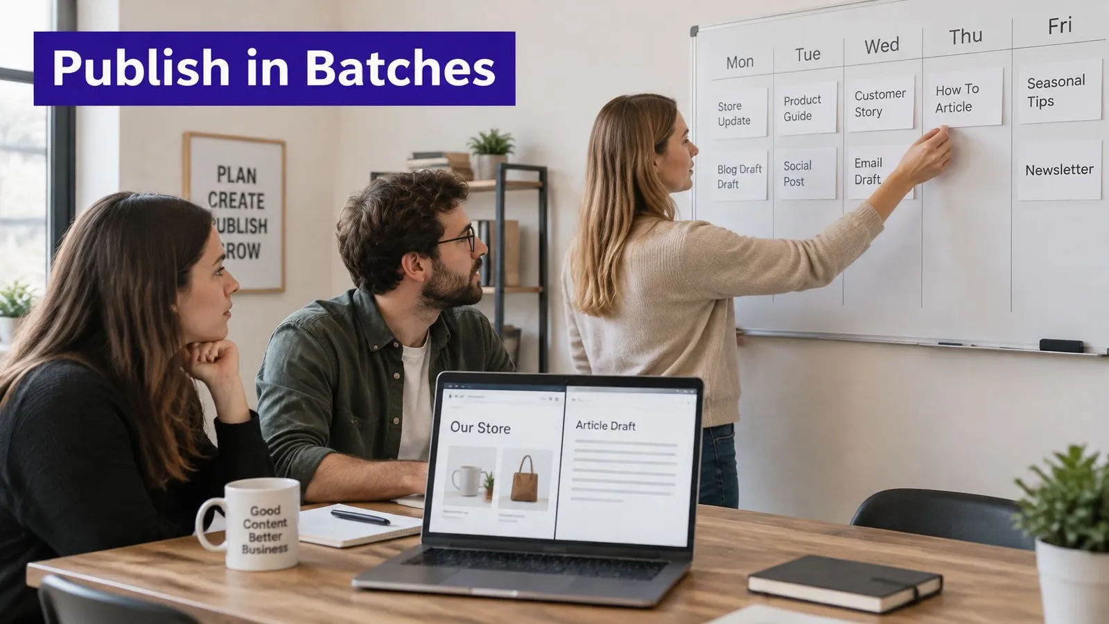 A professional team collaborating on a marketing content calendar in a modern office workspace environment.