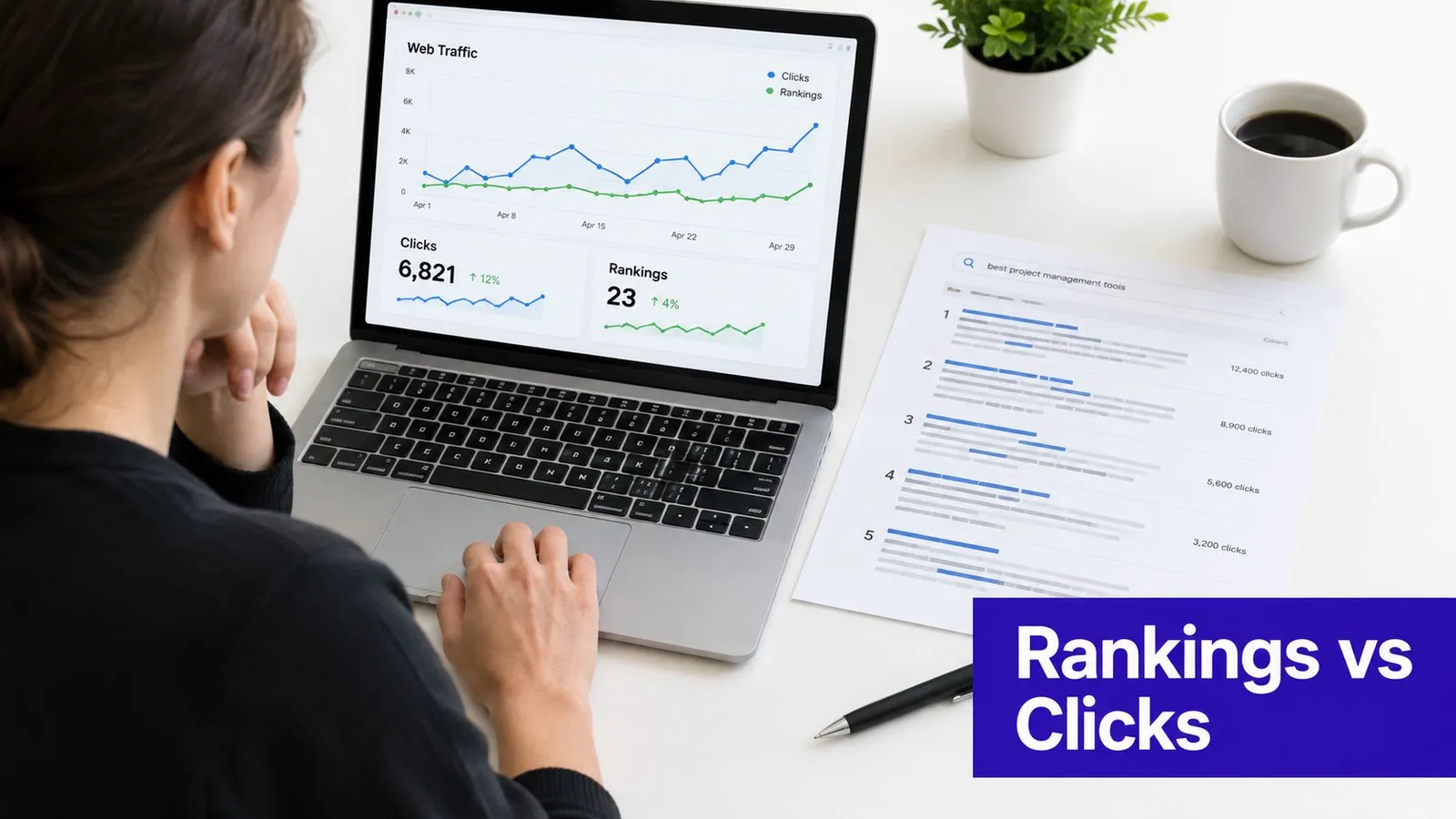 A person analyzes search engine optimization performance data on a laptop screen with a paper report nearby.