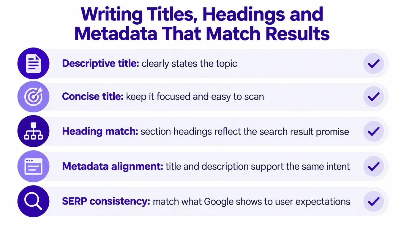 A guide infographic illustrating five essential best practices for creating effective website titles, headings, and SEO metadata.