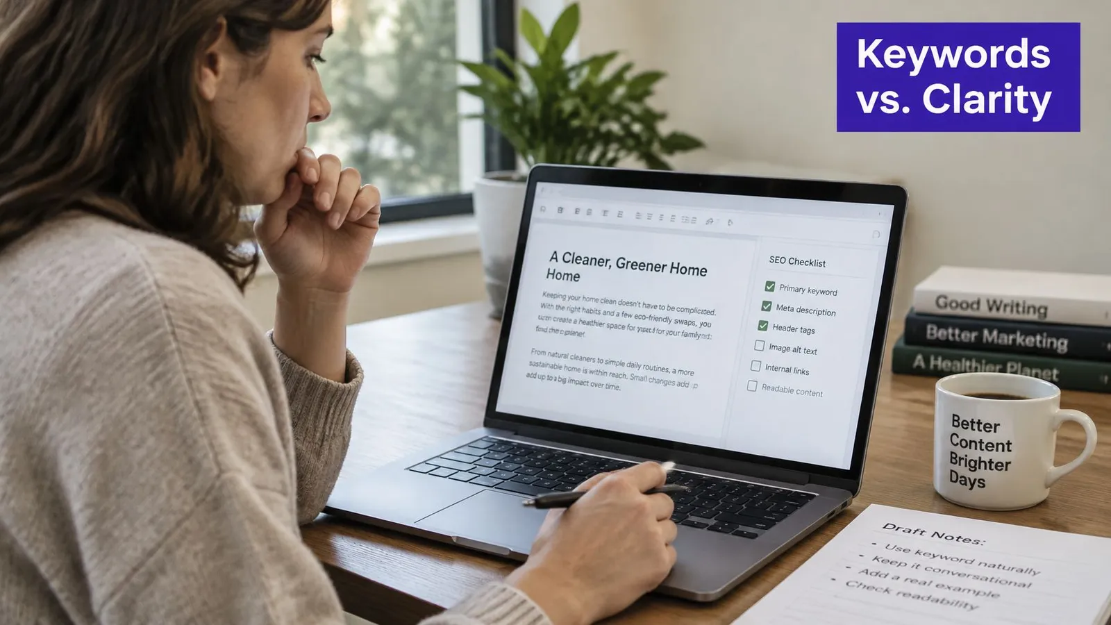A woman working on her laptop in a bright home office, focusing on SEO content writing practices.