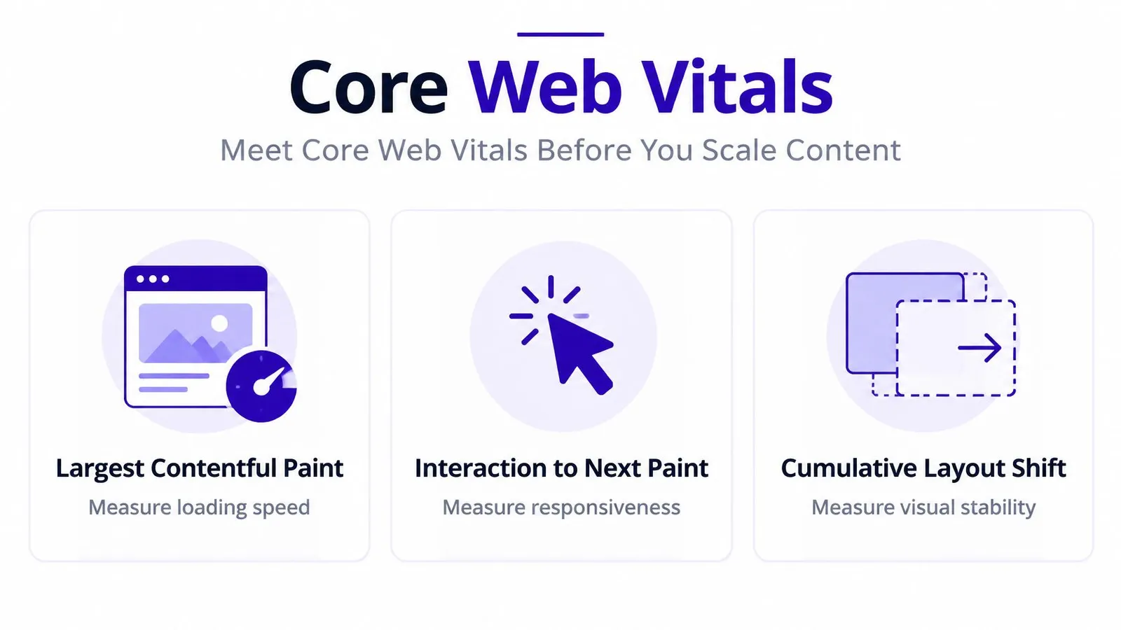 An infographic showing the three Core Web Vitals metrics: Largest Contentful Paint, Interaction to Next Paint, and Cumulative Layout Shift.