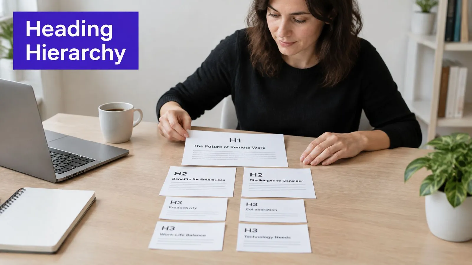 A woman organizing cards displaying a heading hierarchy structure for a remote work article on a desk.