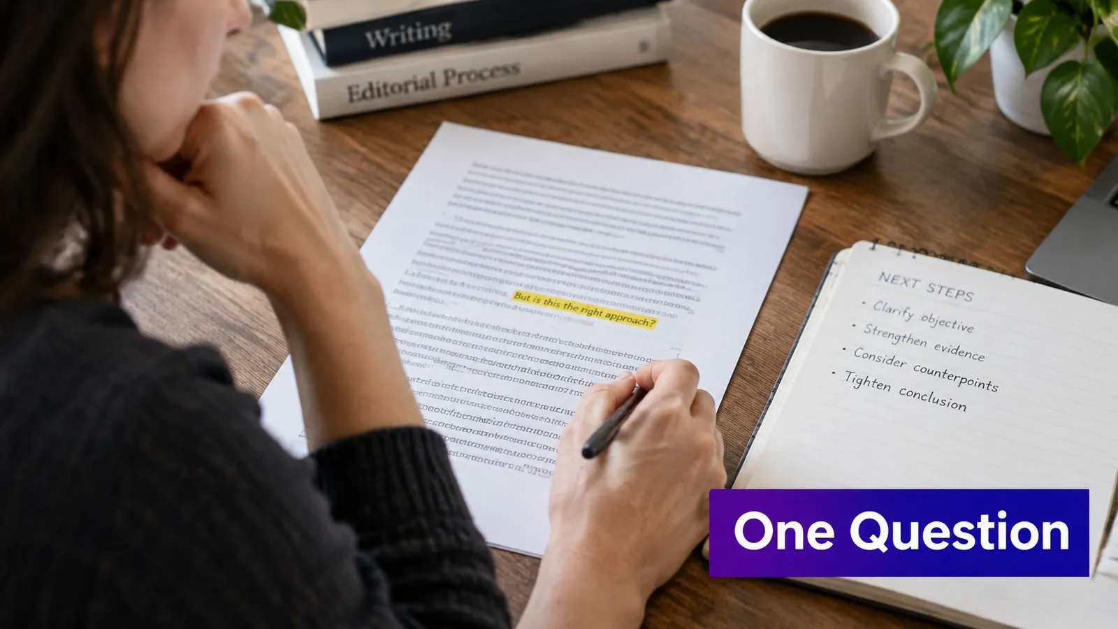 A person sitting at a wooden desk editing a document while reviewing a list of next steps.